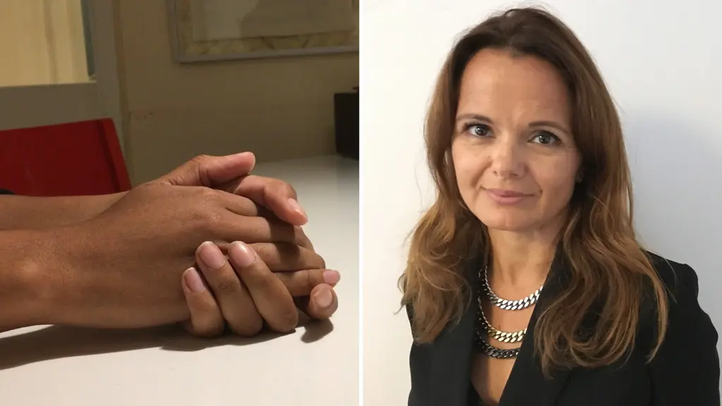 Bildkollage med händer och en kvinna.