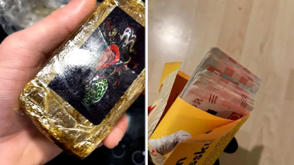 Kollage ur FUP visar ett guldfärgat paket inlindat i plast i en hand samt buntar med sedlar i ett kuvert – bild kopplad till misstänkt brottsutredning.