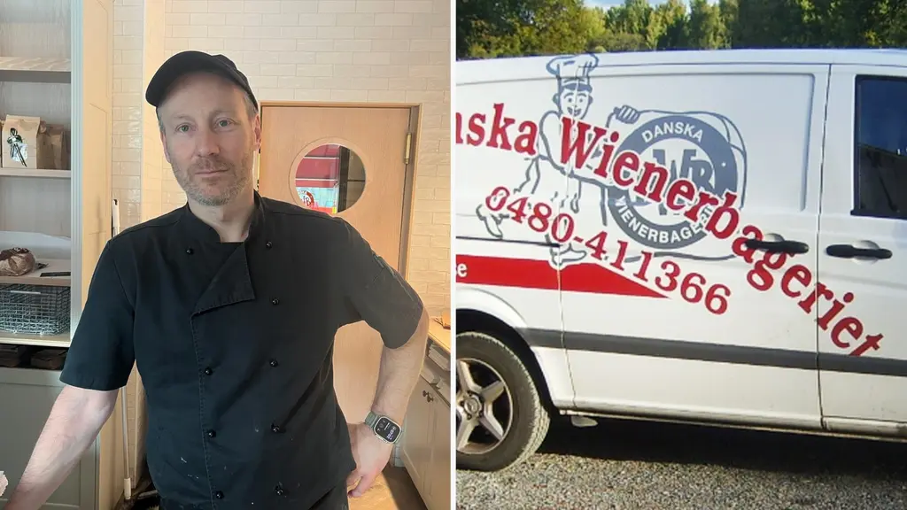 Man i keps tittar in i kameran. Han står i en butiksmiljö. Till höger: Vit skåpbil med texten "Wienerbageriet".