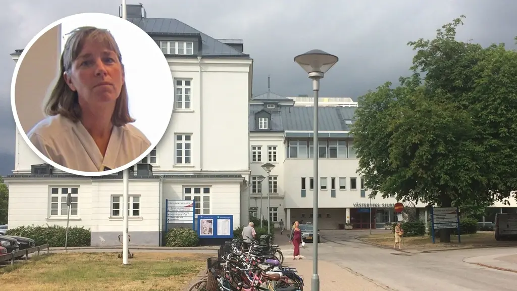 En bild på en vit sjukhusbyggnaden. Infälld porträttbild på kvinna i läkarrock.