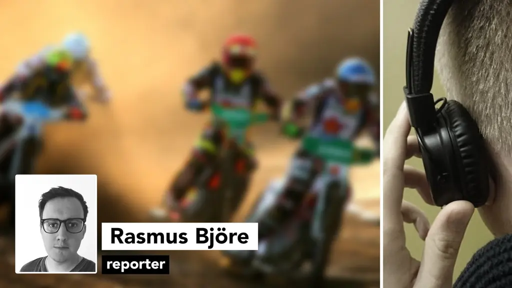 Speedwayförare och man med hörlurar.