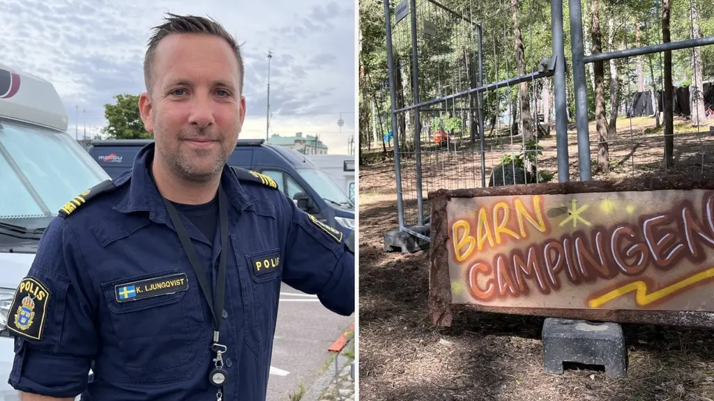 Karl Ljungqvist, en polis i uniform, står framför ett fordon. En andra bild visar en skylt med texten 'Barncampingen' i ett skogsområde. Bilden illustrerar trygghetsåtgärder vid Öland Roots festival.