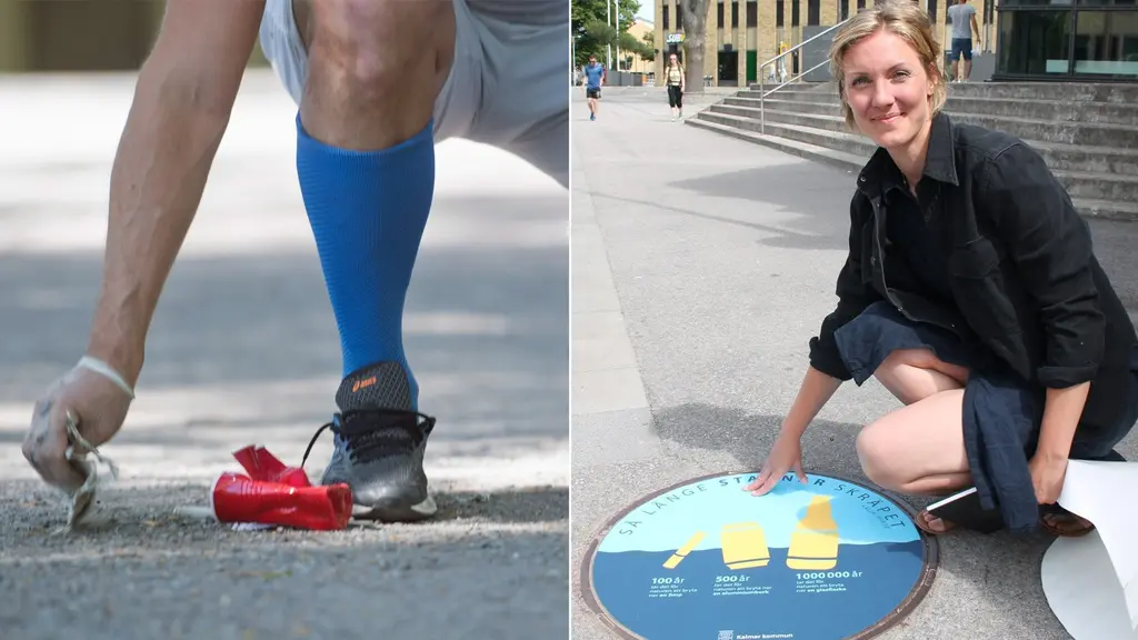 Bildsplit på skräpplockare och brunnslock.