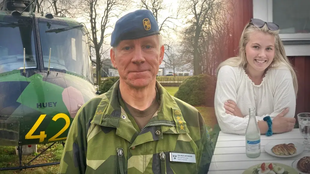 En man har på sig grön militäruniform och en blå basker. I bakgrunden syns en grön helikopter. Till höger: En ung kvinna sitter vid ett fikabord och tittar in i kameran och ler.