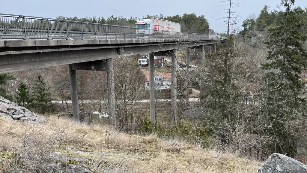 En bro med flera betongpelare sträcker sig över en dal med buskar och träd. En lastbil kör över bron. Landskapet är grått.