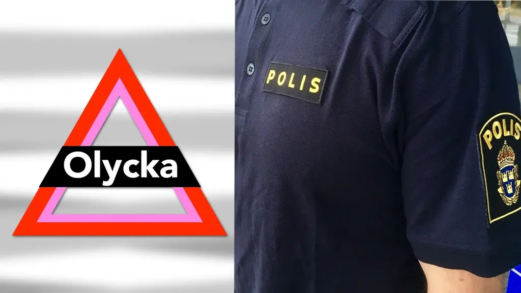 Skylt med texten Olycka. Halvbild på polis. Montage.