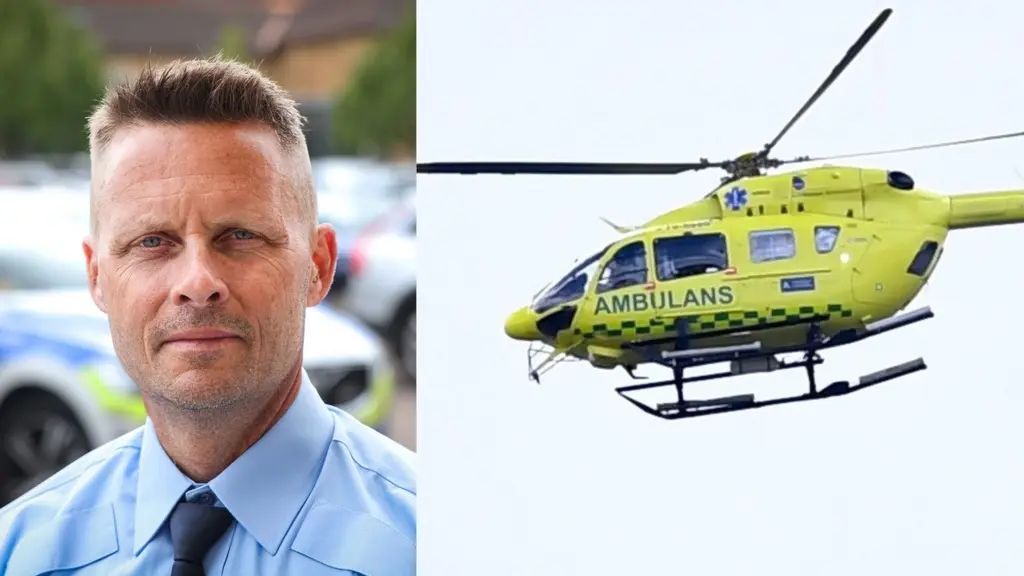 En polis i bildsplit med en ambulanshelikopter. 