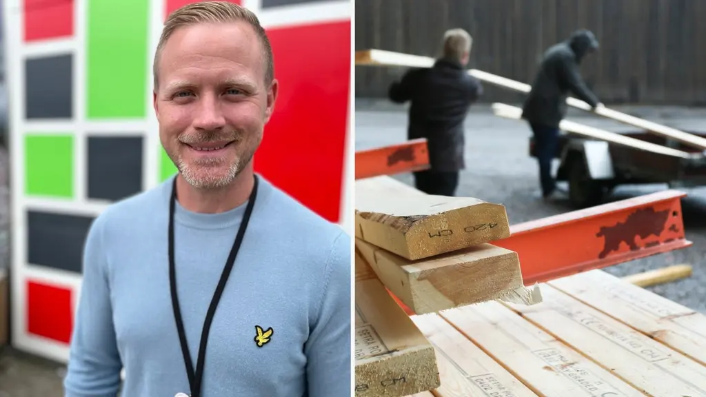 Personer lastar återvunnet byggmaterial på ena bilden. På den andra syns en man i blå tröja som ler med en färgglad bakgrund.