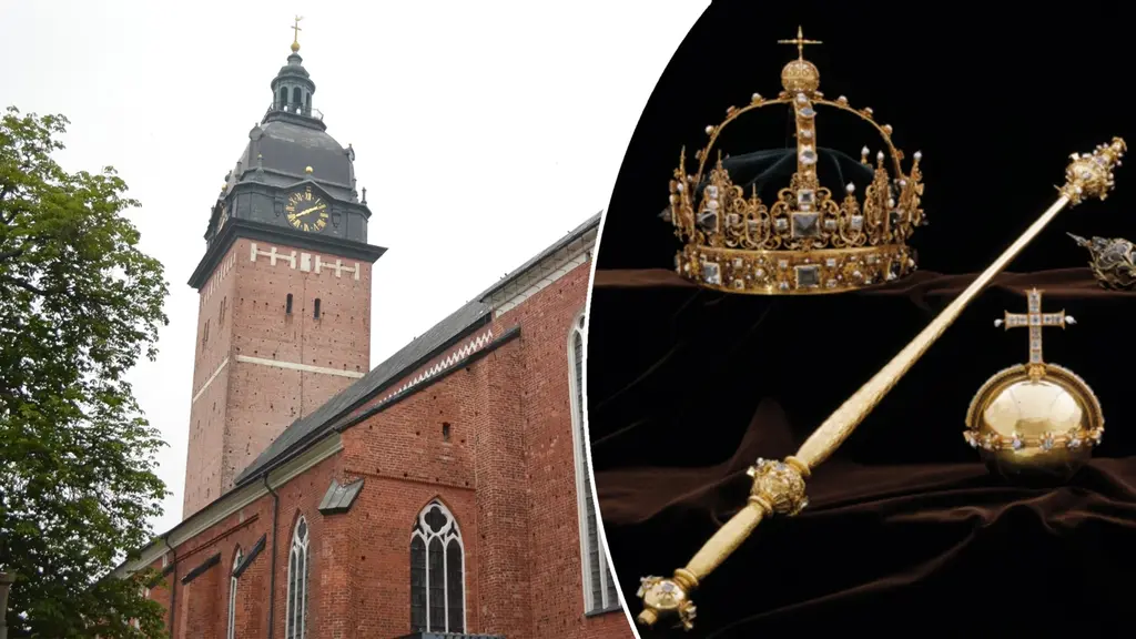 Bild på de stulna begravningsregalierna, och Strängnäs domkyrka.