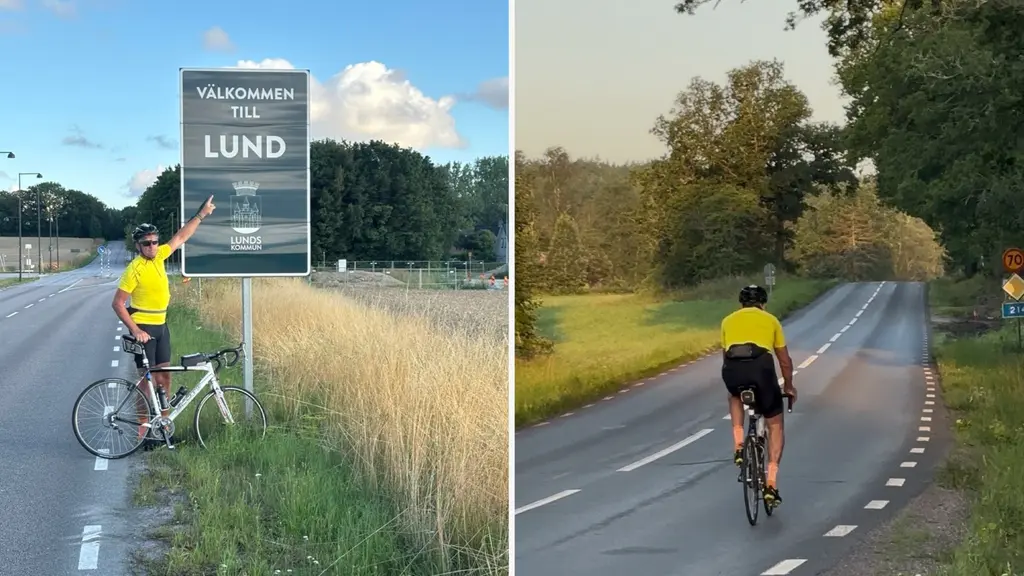 En cyklist i gul tröja stannar vid en skylt med texten 'Välkommen till Lund' på en landsväg, omgiven av somriga åkrar. På andra bilden cyklar personen vidare längs en grönskande väg.