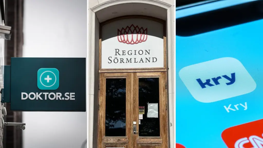 Collage med tre bilder: logotypen för Doktor.se, en entré med skylten Region Sörmland och en mobilskärm med Kry-appen. Bilden illustrerar digitala vårdtjänster och regioners samverkan med nätläkare.
