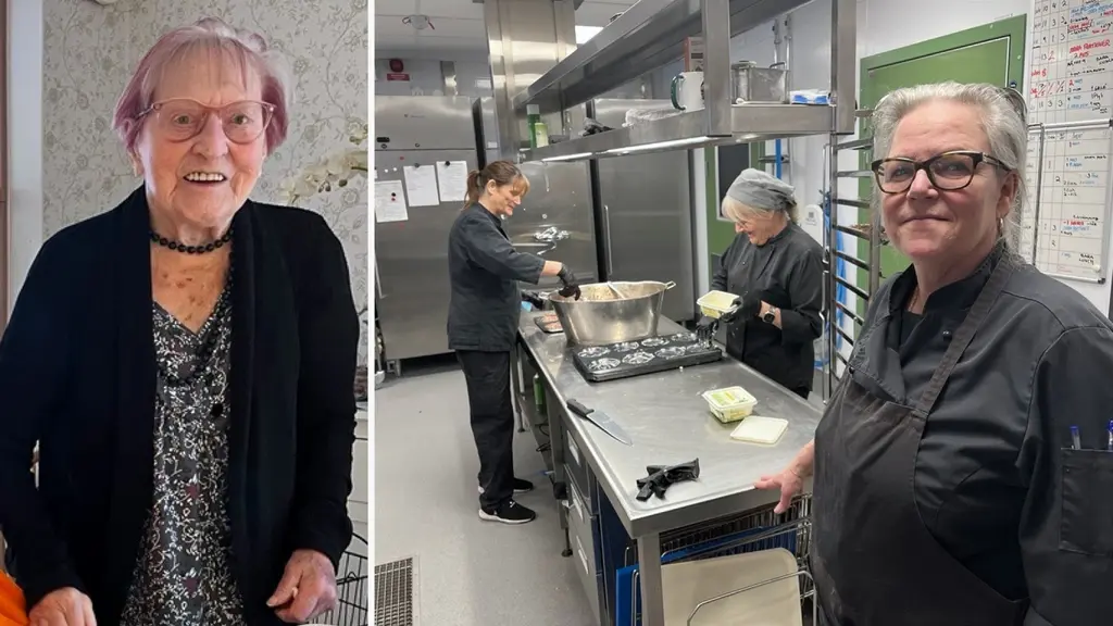 Personer arbetar i ett storkök med matlagning. En kokgryta och olika köksredskap syns. Bilden innehåller även en äldre kvinna i en annan miljö, klädd i mönstrade kläder.