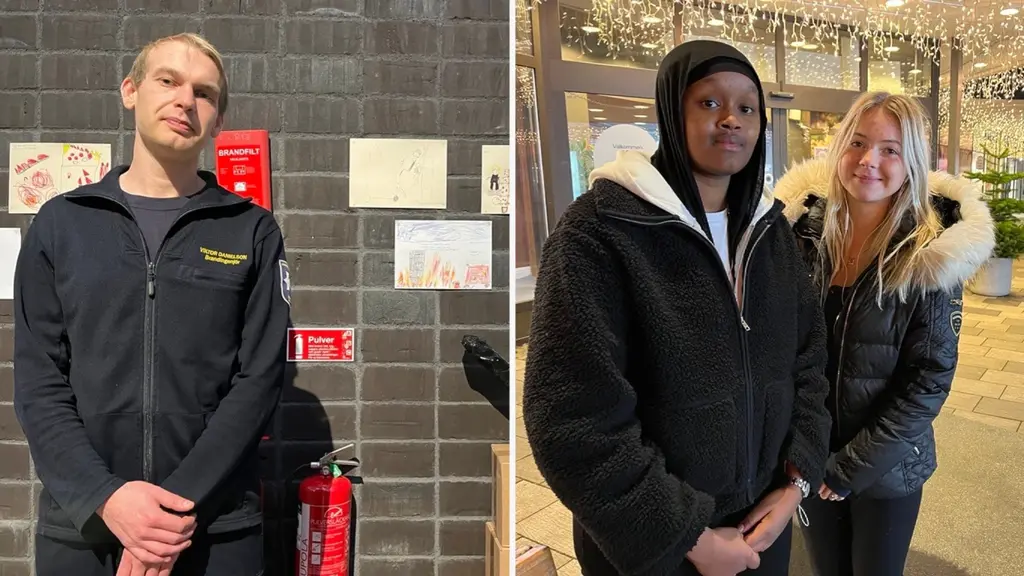 Victor Danielsson, brandingenjör på räddningstjänsten i Eskilstuna, står framför en tegelvägg med brandsläckare. På höger sida syns Mushtaq och Michelle i centrum i Eskilstuna.