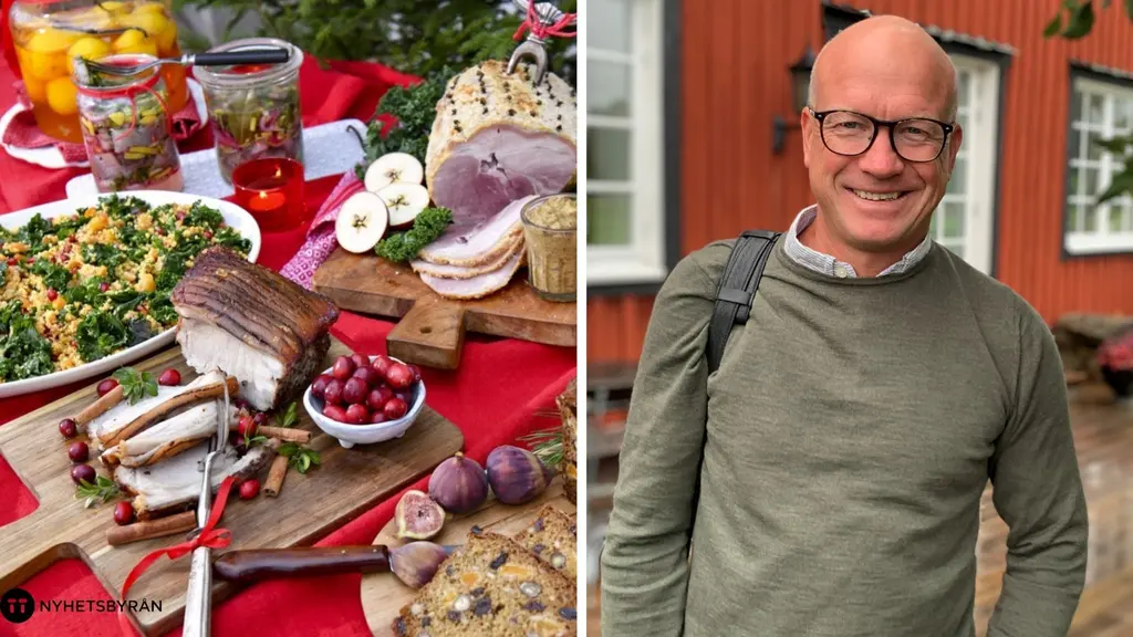 En delad bild på ett julbord fullt med mat och Hook Herrgårds vd Hans Edberg som står framför en byggnad.