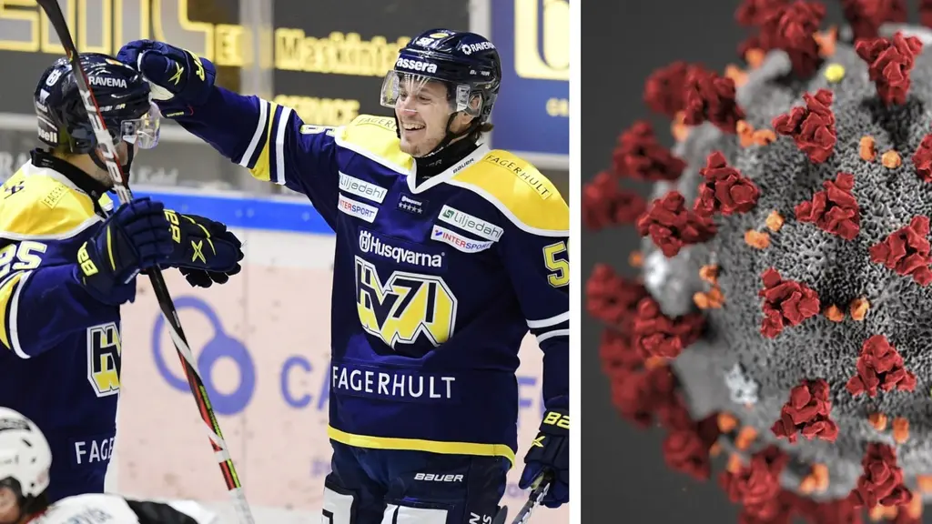 Kollage med HV-spelare och coronaviruset.