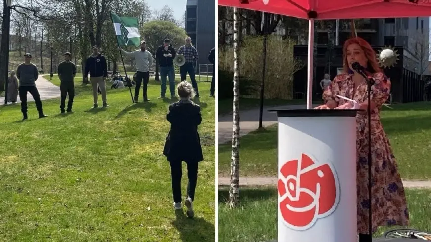 Till vänster personer med en vitgrön NMR-flagga, till höger Annika Strandhäll vid ett podium med Socialdemokraternas röda ros på.
