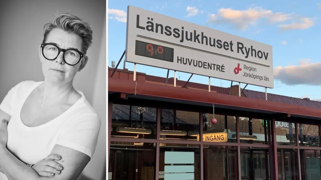 Porträtt av Linda Sundberg bredvid en bild på huvudentrén till Länssjukhuset Ryhov i Jönköping med tydlig skylt och glasfasad under en klar himmel.