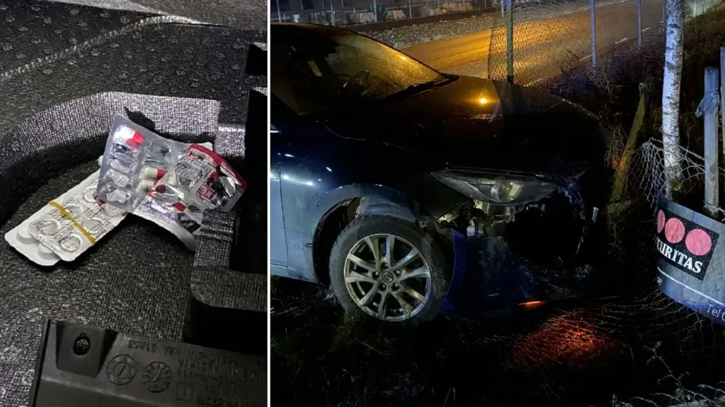 Fynd av tablettkartor, till höger en bil som kraschat in i ett staket. Föraren hade tagit stora mängder Tramadol och misstänks för drograttfylla.