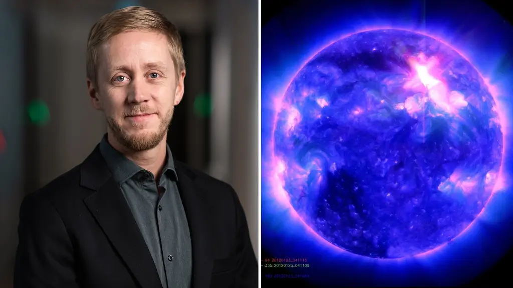 Kristoffer Hultgren är sektionschef för rymdsäkerhet på Myndigheten för civilt försvar. Han övervakar solen i realtid för att kunna varna för solstormar. På bilden klädd i mörka kläder i inomhusmiljö. Till höger en bild som visar utbrott på solen.