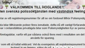 Skärmdump av en hemsida som välkomnar till Hoglandet, en svensk polissökningstjänst. 