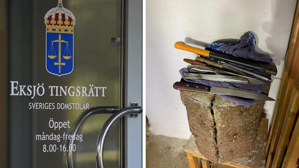 En bild på Eksjö tingsrätts entré och en vedkubbe med knivar på. En man åtalas för grovt djurplågeri efter att ha slaktat fyra får utan att han givit dem tillräckligt med bedövning. 