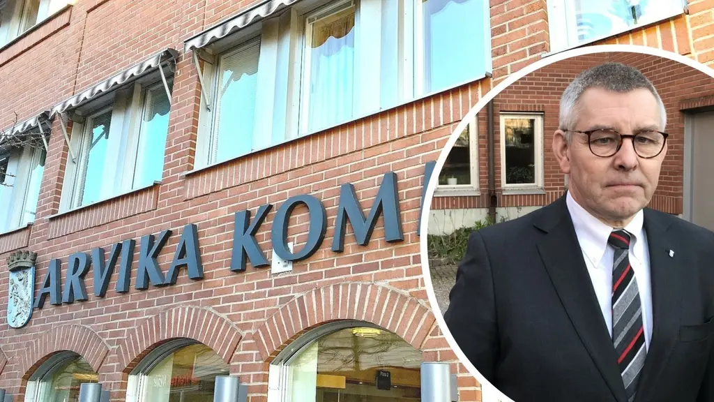 Ett collage med två bilder, i den ena bilden en bild på Arvika kommuns kommunhus och i den andra bilden en man i en mörk kostym. 
