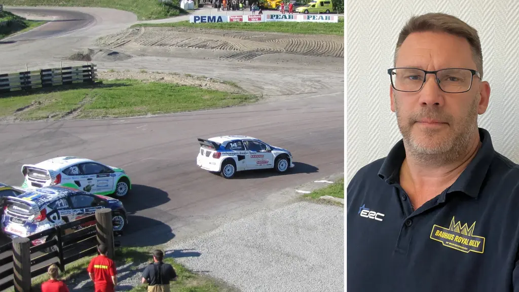 Collage med bilar som kör på en motorbana samt närbild på en man. Han har på sig en blå piké och ser allvarlig ut. 