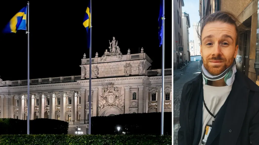 Bildmontage som visar Sveriges riksdag upplyst på kvällen, med svenska flaggor i förgrunden, samt en person i en smal gränd klädd i mörka ytterkläder och en vit tröja.