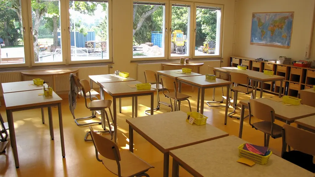 Tomt klassrum i Garda skola med bänkar, stolar och förvaringshyllor. Bild till nyhet om skadegörelse och rasistiskt klotter på skolan.