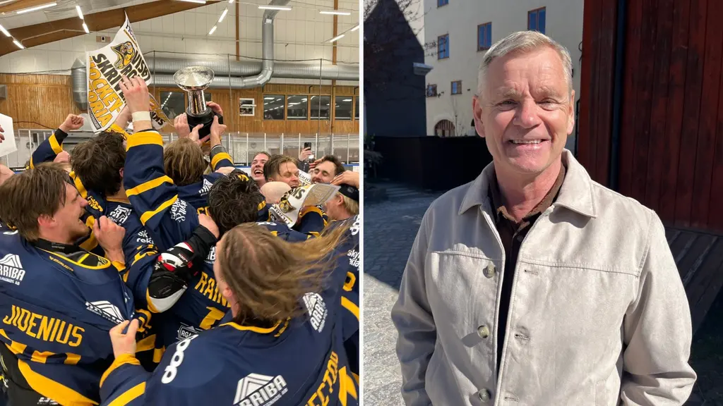 Till vänster firar ett hockeylag i mörkblå matchtröjor med gula detaljer en seger genom att lyfta en pokal i en ishall. Till höger står en person i ljus jacka utomhus framför en röd byggnad.