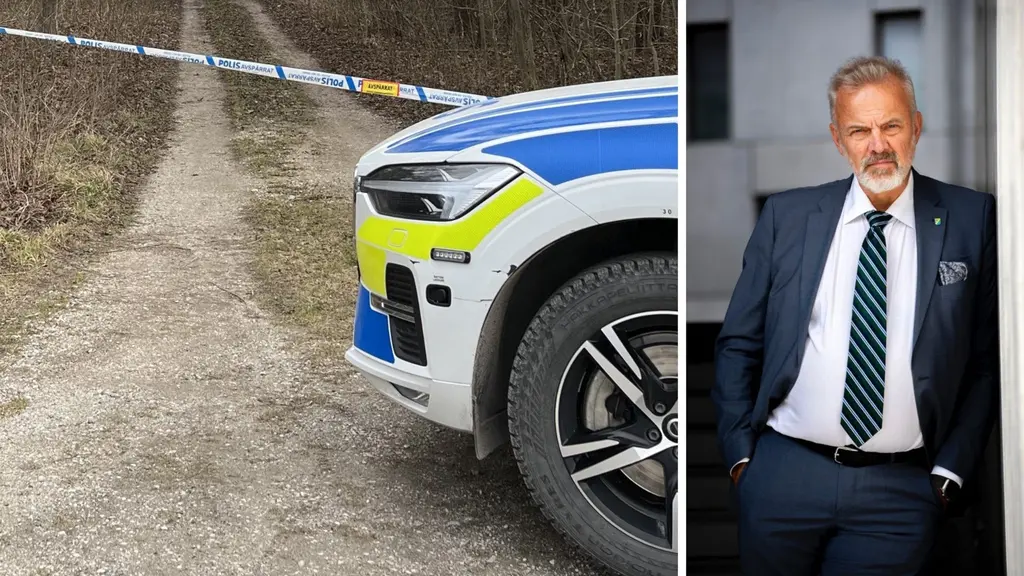 Bildsplit. Till vänster: en polisbil parkerad framför en polisavspärrning. Till höger: En man i kostym. 