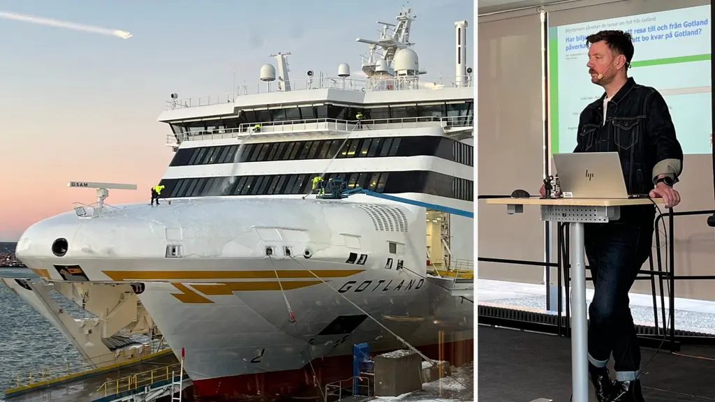Ett montage med två bilder. Till vänster syns ett stort kryssningsfartyg vid en kaj, med en klar himmel i bakgrunden. Till höger står en man vid ett podium och håller en presentation framför en projektorduk.