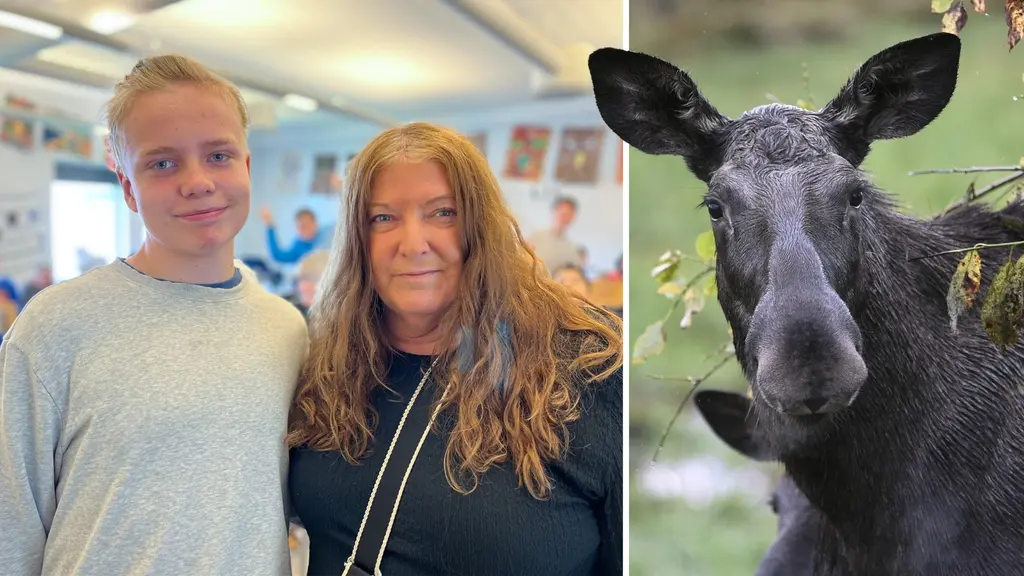 En ung man står bredvid en kvinnlig lärare i ett klassrum. Till höger en bild på en älg.