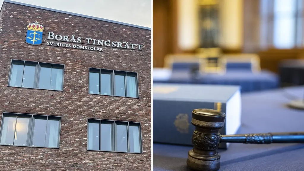 Montagebild med Borås Tingsrätts fasad i rödbrunt tegel med svenska riksvapnet och texten 'Borås Tingsrätt', samt en närbild på en domarklubba placerad på ett bord i en rättssal.