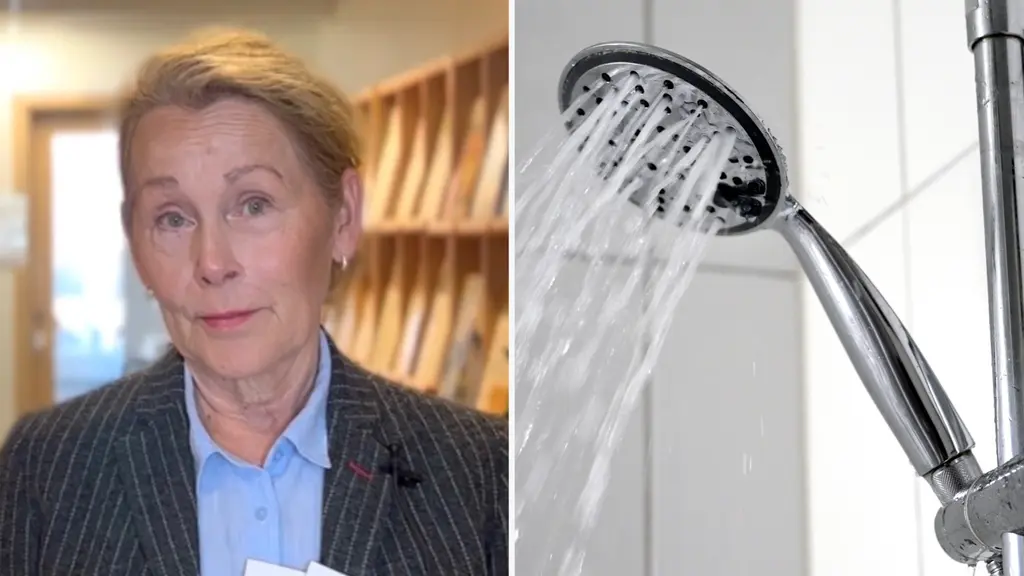 Till vänster syns Wilhelmina Hoffman, vd för Svenskt Demenscentrum och läkare, står framför en bokhylla i en ljus kontorsmiljö. Hon är klädd i en grå kavaj med blå skjorta under och har ljust hår. Till höger syns en duschmunstycke som sprutar rinnande vatten med vita kakelväggar i bakgrunden.