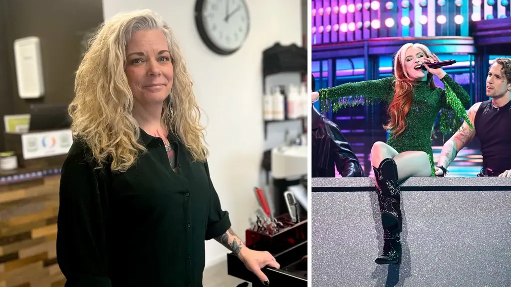 Kvinna på frisörsalong och Saga Ludvigsson under Melodifestivalens femte deltävling i Jönköping.