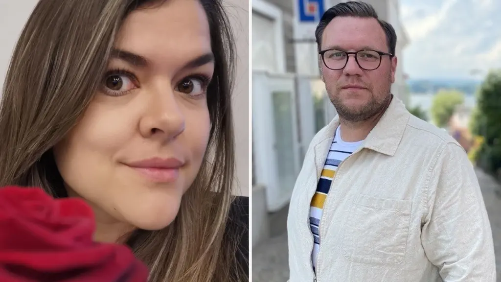 Ruza Källström i röd tröja och Wiktor Öberg i ljus skjorta står separat i två olika miljöer. Ruza ses inomhus medan Wiktor står utomhus vid en gata med hus och träd i bakgrunden.