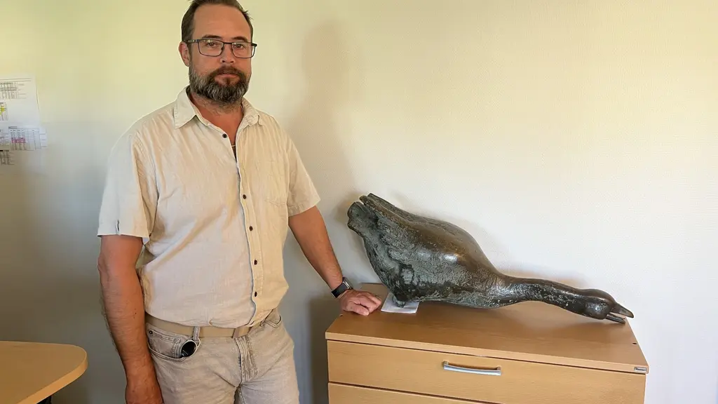 En person står bredvid en skulptur föreställande en säl som är placerad på en träbyrå i ett rum med ljus vägg. Personen är klädd i ljus skjorta och ljusa byxor.
