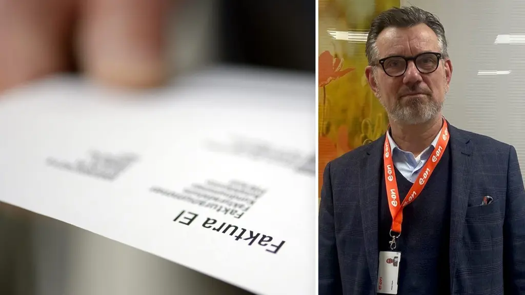 En närbild på en elräkning i en hand till vänster och en person i kostym med Eon-nyckelband till höger. Bilden handlar om hjälp med elräkningar vid höga elpriser.