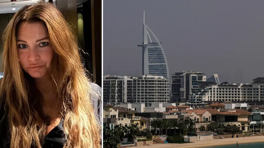 Bildmontage med två sektioner. Till vänster syns en person med långt ljust hår. Till höger visas en stadsbild från Dubai med Burj Al Arab i bakgrunden och moderna byggnader framför.