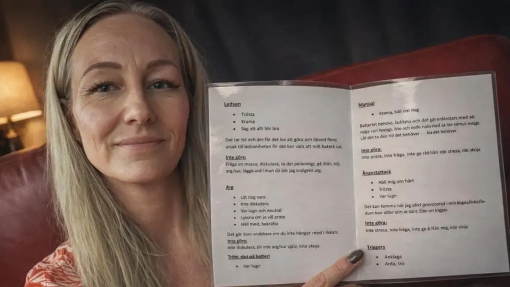 Kvinna med långt blont hår i närbild håller upp en inplastad manual där det står hur hon vill bli bemött i olika situationer.