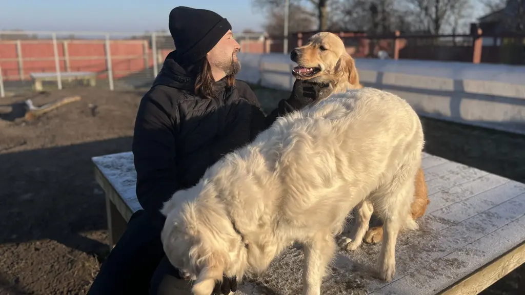 En person klädd i svart mössa och jacka sitter vid ett bord utomhus med två hundar, en ljus och en brun. Bakgrunden består av ett staket och träd. Solen lyser på scenen.