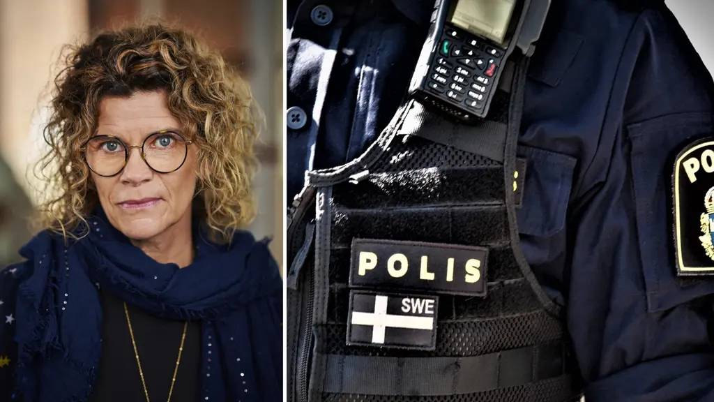 Lena Halldenius, professor i mänskliga rättigheter vid Lunds universitet, kritiserar den nya lagen om förolämpning. Bilden visar henne samt en polismans uniform med svensk flagga på bröstet.