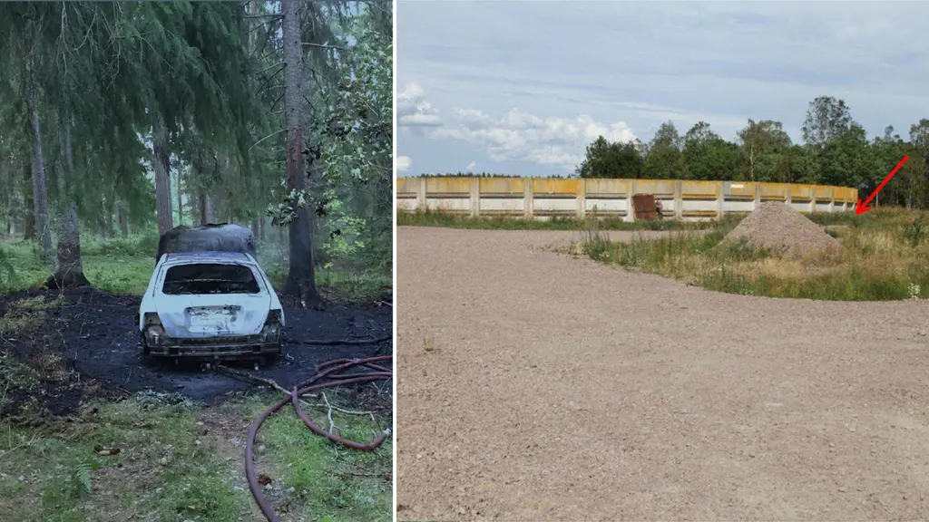 En bild på en bränd bil ihopklippt med en bild på en gödselbrunn med en röd pil som visar var mannen hittades.