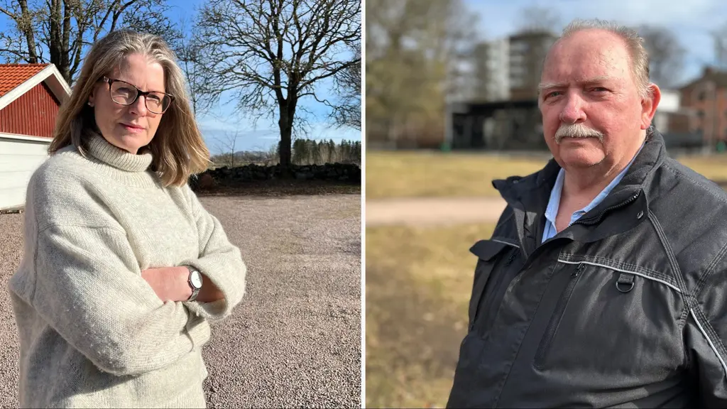Maria Bruckshaw (KD) och Roland Wanner (MP) står utomhus på separata platser, med ett öppet landskap i bakgrunden. Bruckshaw är klädd i en ljus tröja medan Wanner bär en mörk jacka. Bilden illustrerar deras politiska motsättningar.