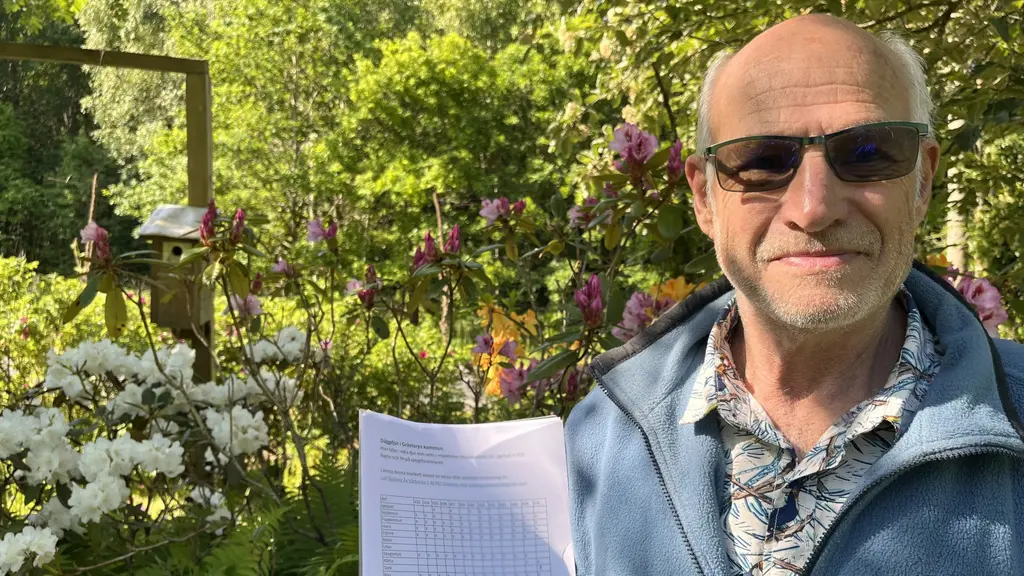 Person med suddat ansikte håller upp ett papper i en blomstrande trädgård, omgiven av gröna buskar och blommor. Bild till nyhet om privatperson och dokument i trädgårdsmiljö.