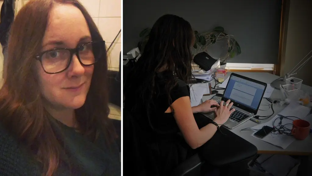 Montage med Emma Larsson, en kvinna fotograferad i porträtt, och en genrebild på en kvinna som sitter vid datorn på jobbet.