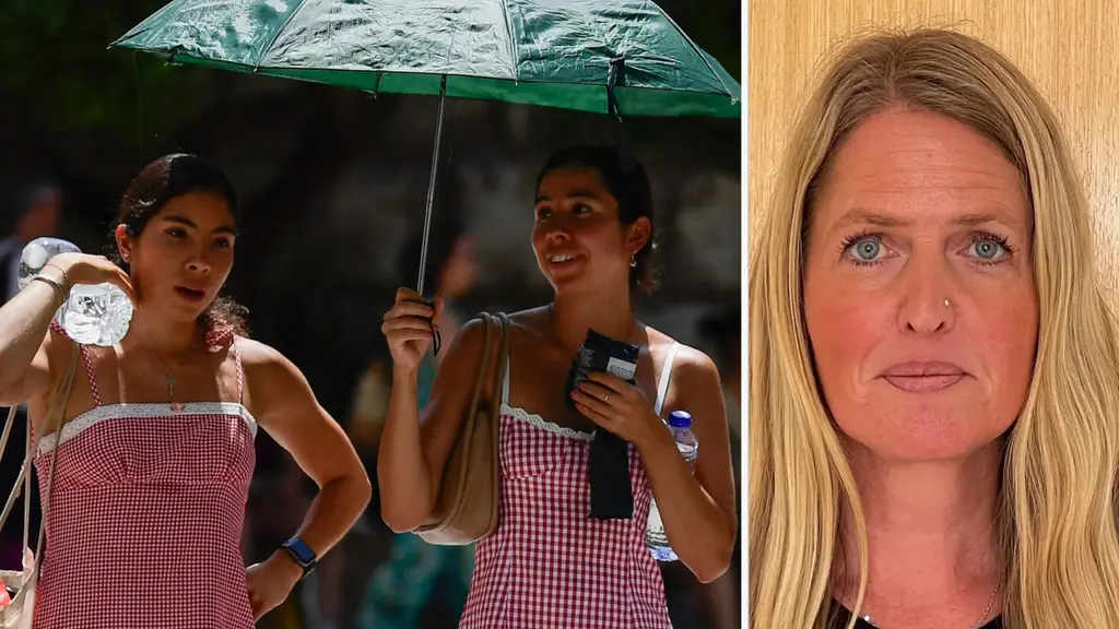 Två personer håller en grön parasoll för att skydda sig från solen, klädda i röd- och vitrutiga kläder, samt en närbild av en person med långt blont hår i en separat sektion.