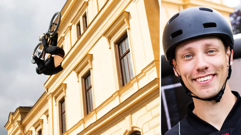 Den ena bilden visar en cyklist som gör en bakåtvolt högt upp i luften. Den andra på en ung man i cykelhjälm som ler.