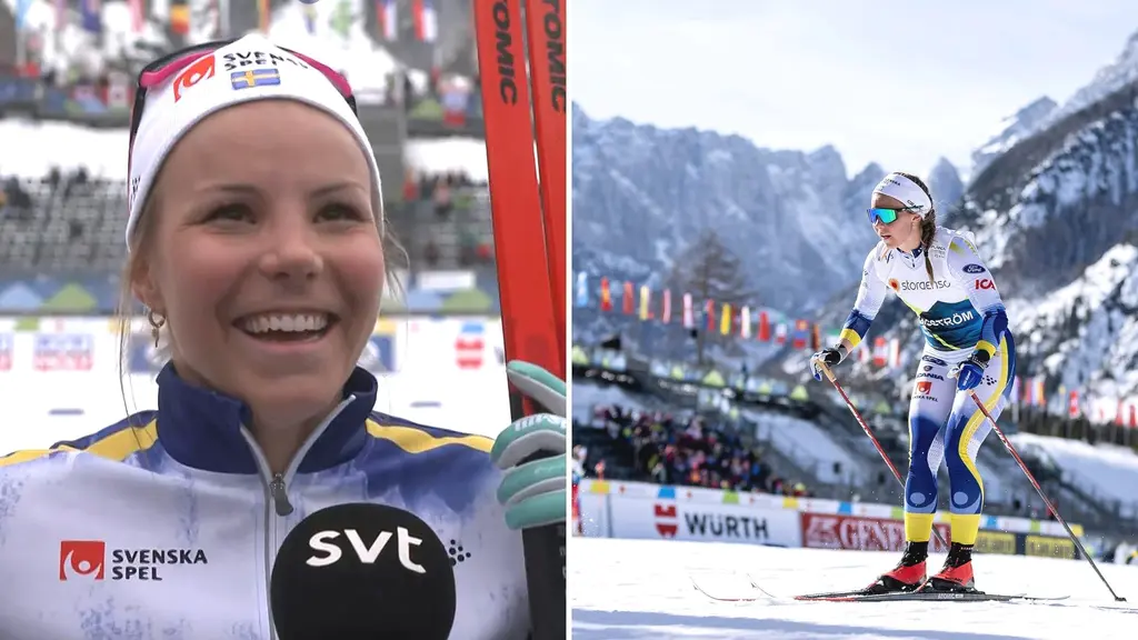 Skärmavbild på Johanna Hagström, både när hon intervjuas av när hon åker skidor i Slovenien.